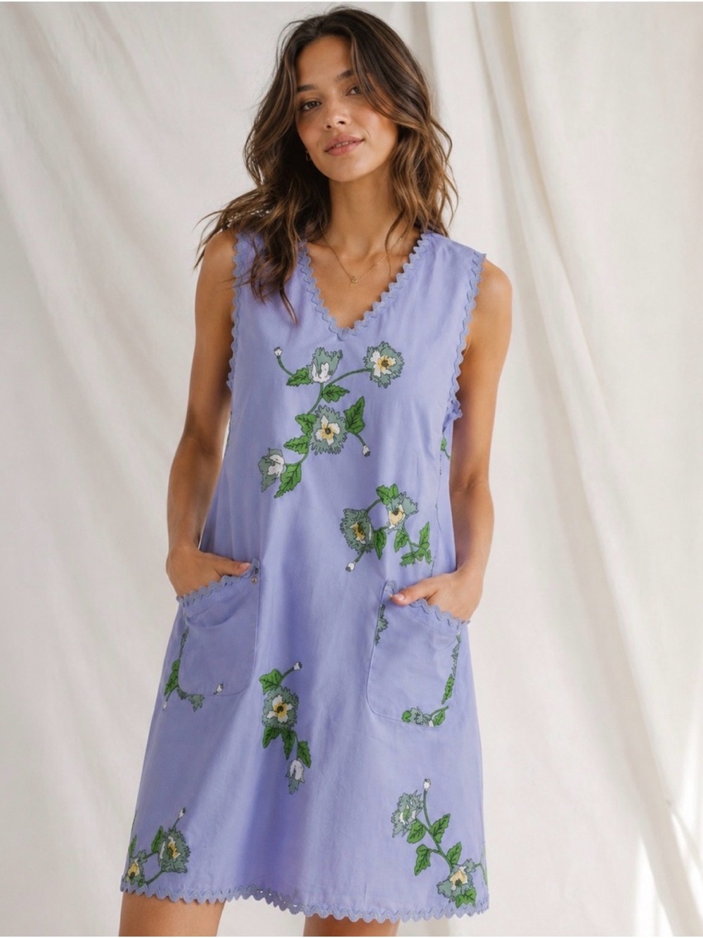 NWT Jodifl Lavender Floral Ricrac Trim Dress Size Large